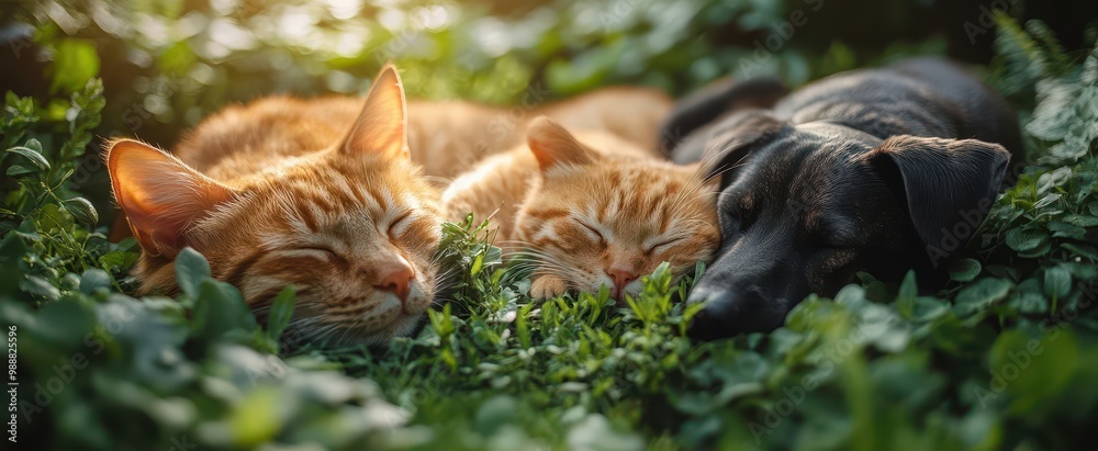 adorable ginger cat and dog napping in sunlit garden lush green grass soft focus background peaceful animal friendship scene adorable ginger cat and dog napping in sunlit garden lush green grass soft focus background peaceful animal friendship scene