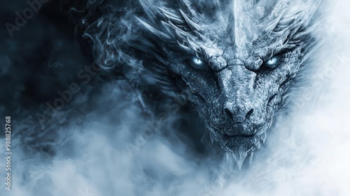 A glowing ice dragon surrounded by frozen mist, ethereal and mystical, detailed handdrawn style, isolated on white background photo