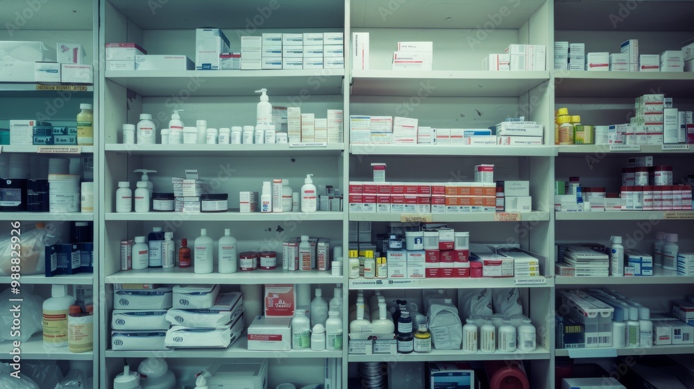 Shelves brimming with various medical and pharmaceutical supplies, ranging from bottles to boxes, within a well-organized pharmacy. Shelves brimming with various medical and pharmaceutical supplies, ranging from bottles to boxes, within a well-organized pharmacy.