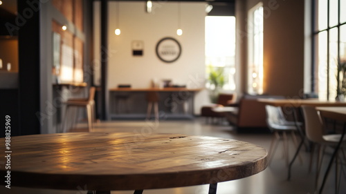 Blurred office lounge with natural lighting and wooden furniture for a cozy environment