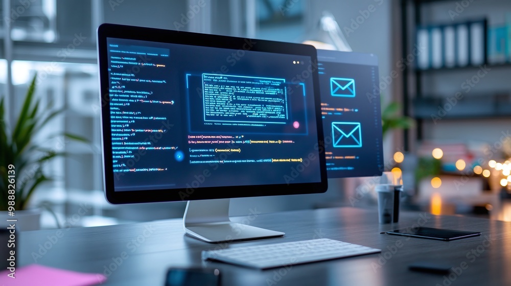 Modern workspace with dual monitors displaying code and emails. Email Marketing concept. Modern workspace with dual monitors displaying code and emails. Email Marketing concept.