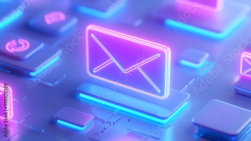 Neon email icon on a digital background, modern tech concept. Email Marketing concept.