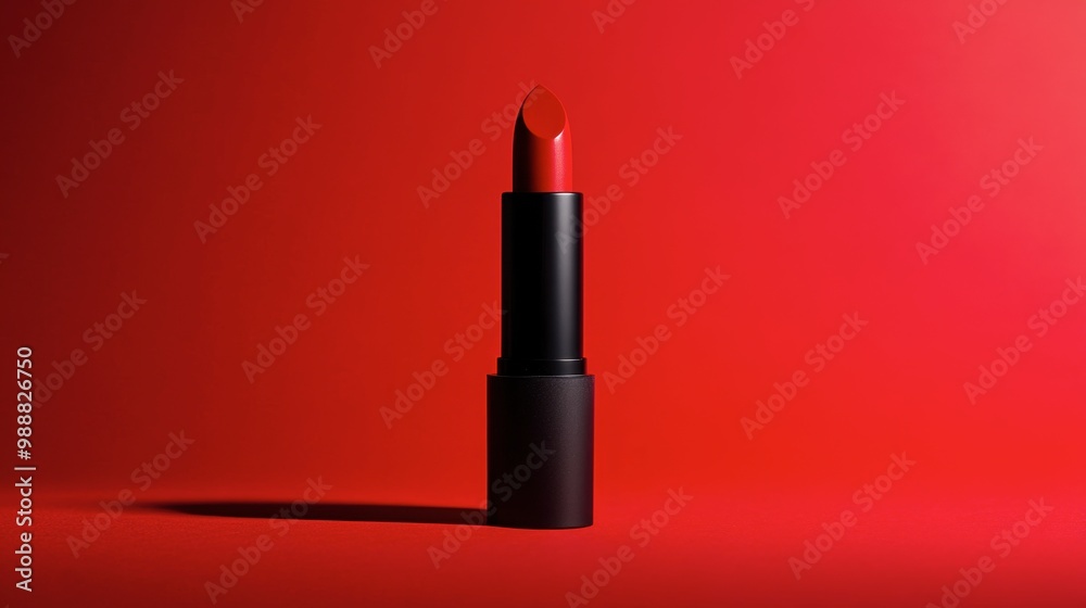 A minimalist close-up of a red lipstick tube on a bold red background. A minimalist close-up of a red lipstick tube on a bold red background.