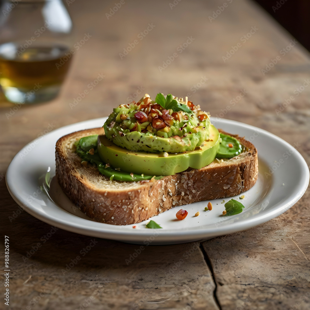 A portrait image of a brown seeded slice of toast topped with smashed avocado