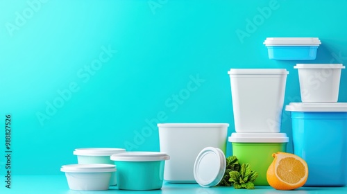 A vibrant collection of colorful containers arranged neatly, accompanied by lemon and herbs on a bright blue background.