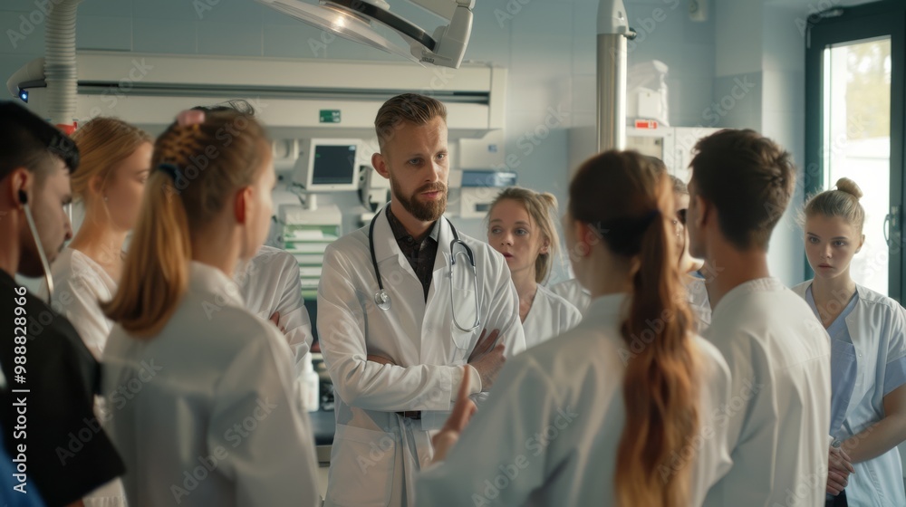 A group of medical professionals and students huddled in a hospital room, engaged in an intense discussion and learning session. A group of medical professionals and students huddled in a hospital room, engaged in an intense discussion and learning session.