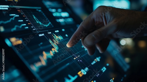 A person analyzing financial data on a touchscreen display in a modern office environment during nighttime