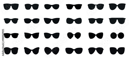 Sunglasses back icons set. Simple shape eye glasses silhouettes. Stylish modern fashion summer accessoires. Diverse aesthetics design elements. Black and white flat style isolated vector clipart