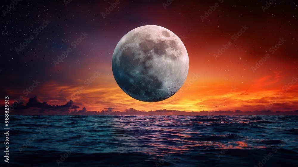 Surreal dreamscape with a giant moon hovering above a calm ocean, its reflection shimmering in multicolored waves and illuminated by ethereal lights Surreal dreamscape with a giant moon hovering above a calm ocean, its reflection shimmering in multicolored waves and illuminated by ethereal lights