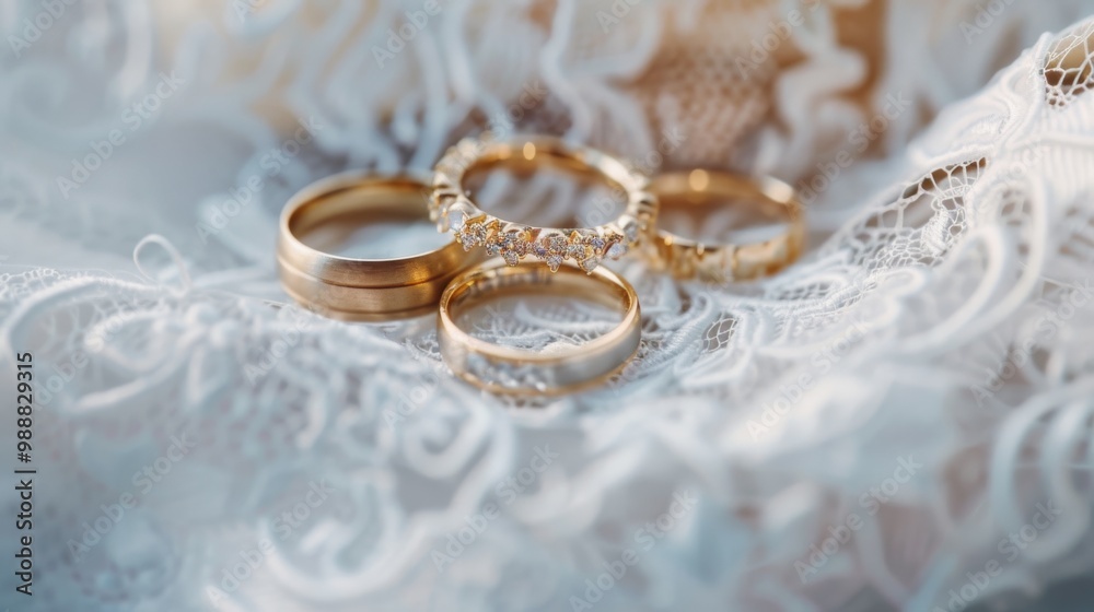 A collection of ornate gold rings displayed on lacy fabric, showcasing their exquisite designs and details. A collection of ornate gold rings displayed on lacy fabric, showcasing their exquisite designs and details.