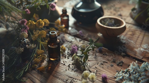 Rustic wooden table adorned with aromatic essential oil bottles, dried flowers, and herbs, evoking a scene of nature-inspired tranquility and wellness.