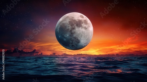 Surreal dreamscape with a giant moon hovering above a calm ocean, its reflection shimmering in multicolored waves and illuminated by ethereal lights