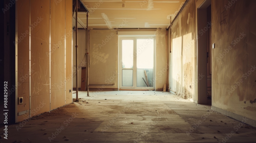 custom made wallpaper toronto digitalAn empty, dimly lit room under renovation, with unfinished walls and dusty floors, bathed in soft afternoon light.