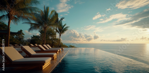 ounge chairs on a pool side deck in a tropical resort with palm trees and a view of the ocean on a sunny tropical morning photo