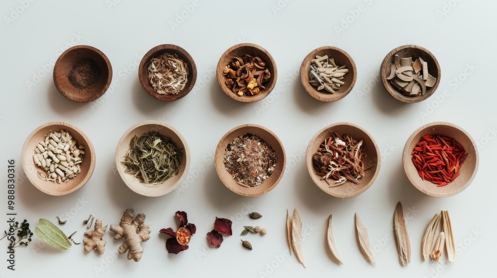 A meticulously arranged collection of herbs and spices in wooden bowls showcases their varied textures and colors, evoking a sense of culinary discovery. A meticulously arranged collection of herbs and spices in wooden bowls showcases their varied textures and colors, evoking a sense of culinary discovery.
