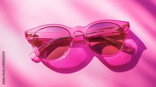 A pair of pink sunglasses resting on a vibrant pink background, ready for summer fun.