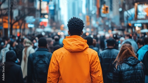 city street bustling with activity as a man in a bright orange jacket stands out showcasing contrast and vibrant urban fashion in a busy modern cityscape