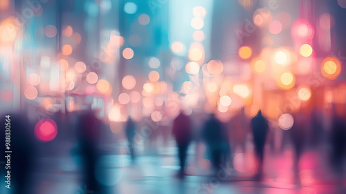 Colorful blurred city night scene with soft glowing lights and figures in the background of a busy urban street