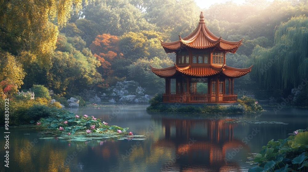 Traditional Chinese pagoda on a tranquil lake surrounded by lush greenery. Traditional Chinese pagoda on a tranquil lake surrounded by lush greenery.