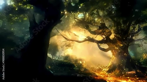 Large tree with glowing sunlight filtering through branches in a forest. Enchanted woodland scene with soft light and shadows. Nature and fantasy concept for background. 