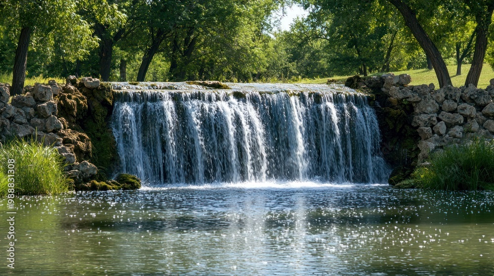 Obraz premium a waterfall cascading into a large, serene lake, symbolizing the continuous flow of abundance and prosperity