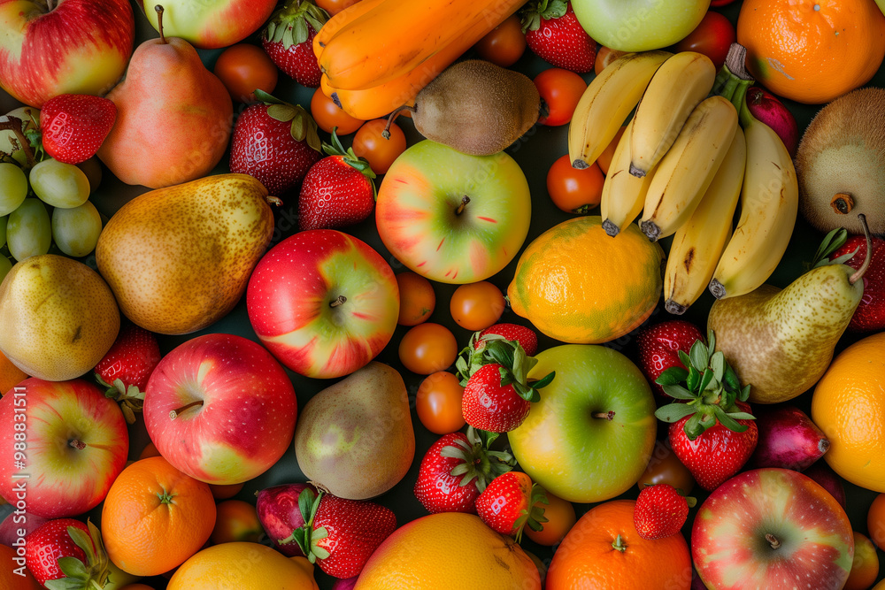 Fruit Background featuring colorful Mediterranean fruits such as apples, bananas, and oranges ideal for promoting a healthy diet Fruit Background featuring colorful Mediterranean fruits such as apples, bananas, and oranges ideal for promoting a healthy diet