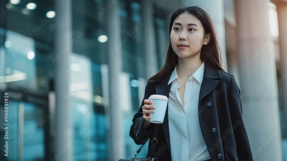 A young woman in a business suit walking confidently with a cup of coffee, in an urban setting, illustrating corporate lifestyle and morning routine. A young woman in a business suit walking confidently with a cup of coffee, in an urban setting, illustrating corporate lifestyle and morning routine.