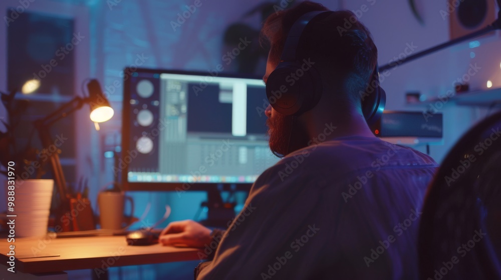 A person, immersed in editing, sits at a desk lit by warm desk lamp light, with headphones on, and multiple screens displaying video editing software. A person, immersed in editing, sits at a desk lit by warm desk lamp light, with headphones on, and multiple screens displaying video editing software.