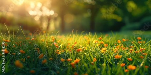 Fresh, vibrant grass with tiny orange flowers, glowing under the afternoon sun