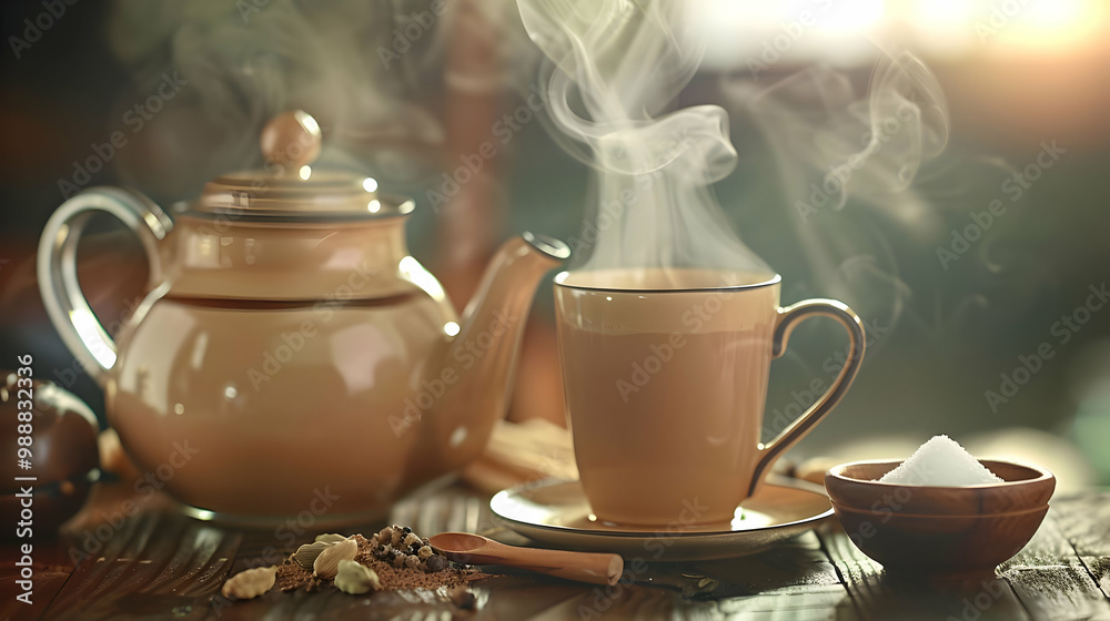 Steaming Cup of Tea with Spices on Wooden Table Steaming Cup of Tea with Spices on Wooden Table