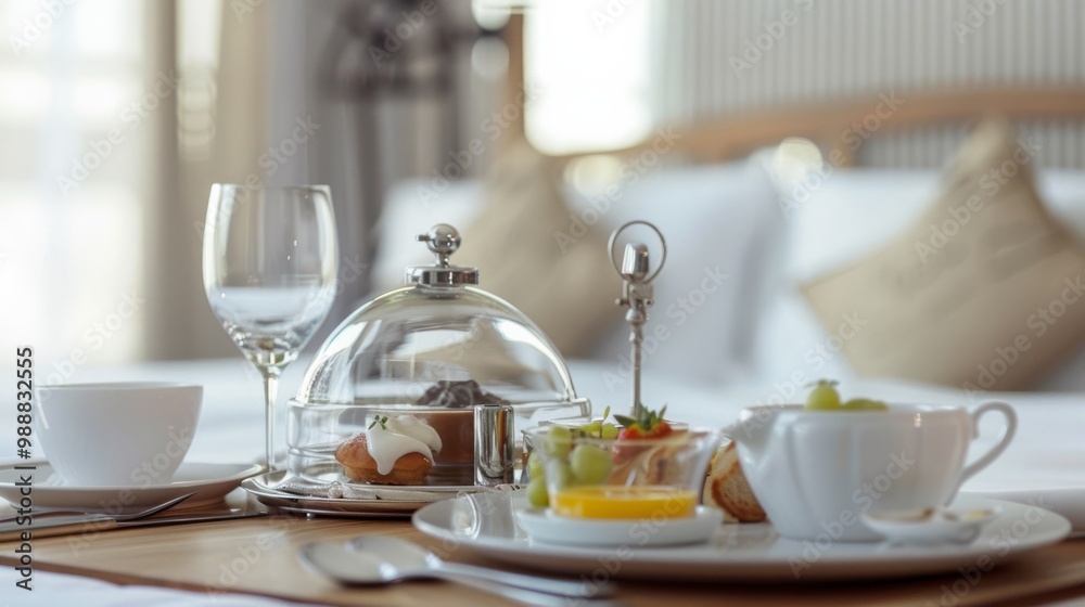 A luxurious breakfast in bed spread with pastries, fruit, juice, and coffee, set on a table tray in a well-lit, cozy room. A luxurious breakfast in bed spread with pastries, fruit, juice, and coffee, set on a table tray in a well-lit, cozy room.