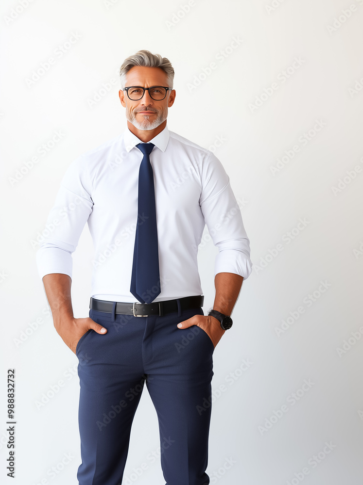 Fototapeta premium A confident man dressed in a crisp white shirt and navy pants stands with his hands in his pockets. His glasses add a touch of sophistication to his professional look
