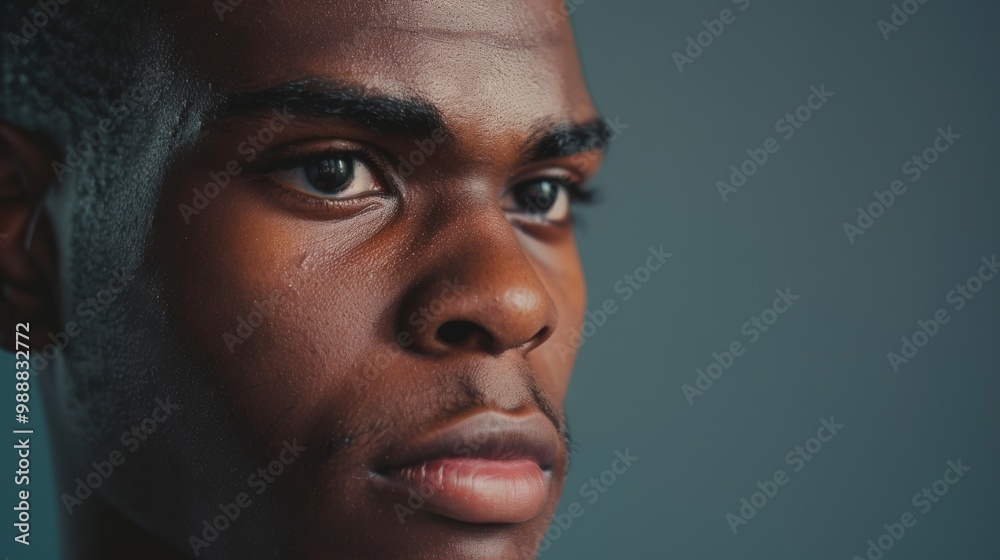 A contemplative close-up portrait of a young man gazing intently to the side, set against a blurred blue background, emphasizing his deep, thoughtful expression. A contemplative close-up portrait of a young man gazing intently to the side, set against a blurred blue background, emphasizing his deep, thoughtful expression.