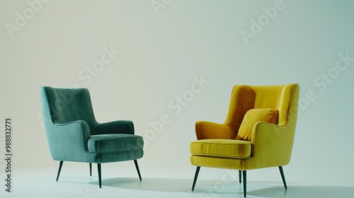 Two mid-century modern armchairs, one yellow and one green, set in a stylish room with a soft, gradient background, blending vintage charm with sophisticated design.