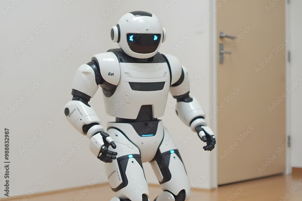 Humanoid robot with modern design, friendly mood, standing in contemporary indoor space Humanoid robot with modern design, friendly mood, standing in contemporary indoor space