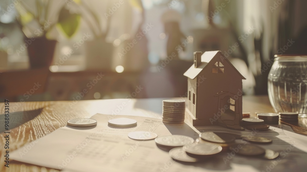 A wooden house model, coins, and financial papers are beautifully arranged on a table, with sunlight streaming in, creating a cozy scene. A wooden house model, coins, and financial papers are beautifully arranged on a table, with sunlight streaming in, creating a cozy scene.