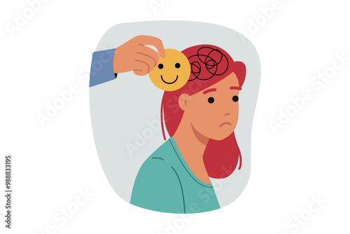 Psychological assistance for depressed woman, victim of mental disorder. Hand psychologist providing assistance to girl with chaos in head due to schizophrenia or psychological disorders