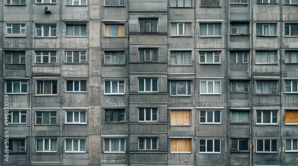 Facade of a Grey Multi-storey Panel building in Russia, Soviet architecture houses Facade of a Grey Multi-storey Panel building in Russia, Soviet architecture houses