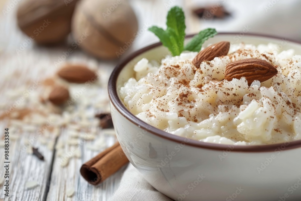 Arroz con leche. Rice pudding with cinnamon on a wooden background, MZ Arroz con leche. Rice pudding with cinnamon on a wooden background, MZ