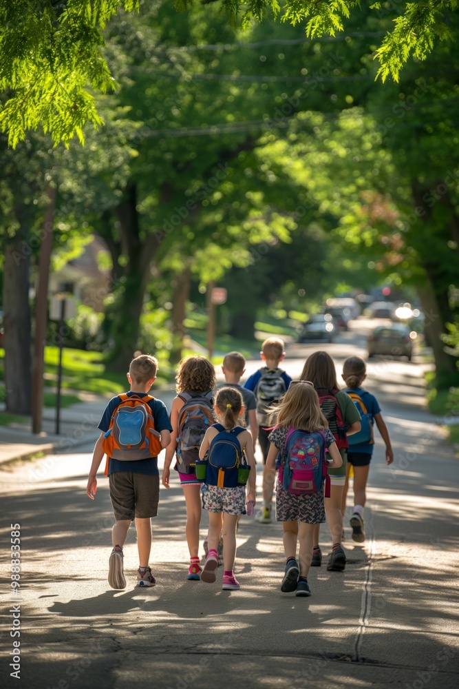 A group of children are walking down a street, some of them carrying backpacks. Scene is lighthearted and playful, as the children are enjoying their walk and each other's company A group of children are walking down a street, some of them carrying backpacks. Scene is lighthearted and playful, as the children are enjoying their walk and each other's company