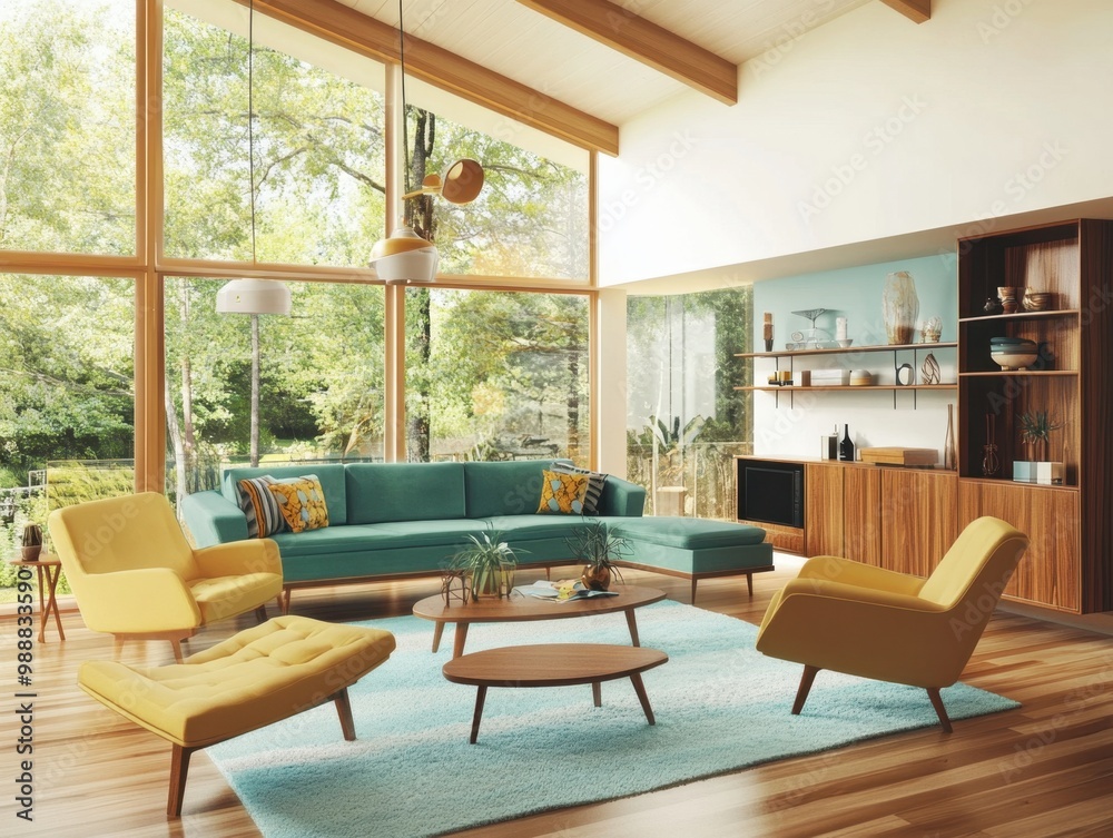 Fototapeta premium A living room with a couch, two chairs, and a coffee table. The couch is blue and the chairs are yellow. There are potted plants in the room and a vase on the coffee table