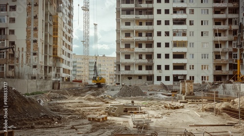 A large construction site amidst buildings under development, displaying a scene of ongoing construction work and urban expansion.