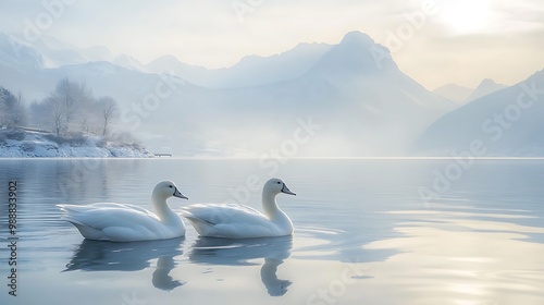 Two white swans swimming on a calm lake with a mountain range in the background.