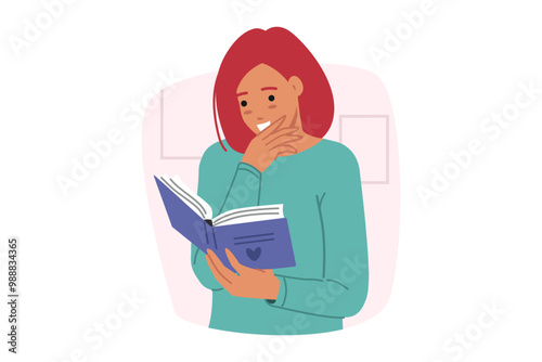 Bookworm woman is passionate about reading book with poetic love story or adventure saga about travelers. Bookworm girl studies scientific literature in free time from work to improve skills.