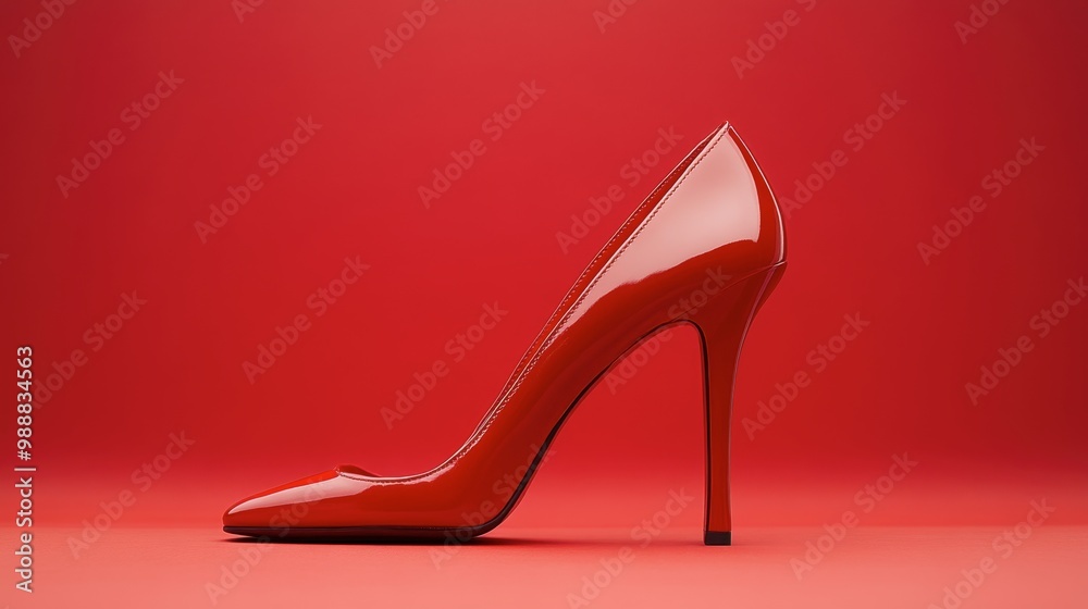 A red high-heeled shoe placed centrally on a smooth red background, symbolizing fashion and elegance. A red high-heeled shoe placed centrally on a smooth red background, symbolizing fashion and elegance.