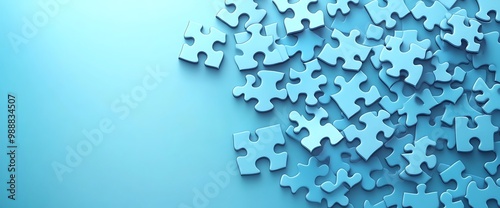 Blue jigsaw puzzle pieces scattered on a blue background.