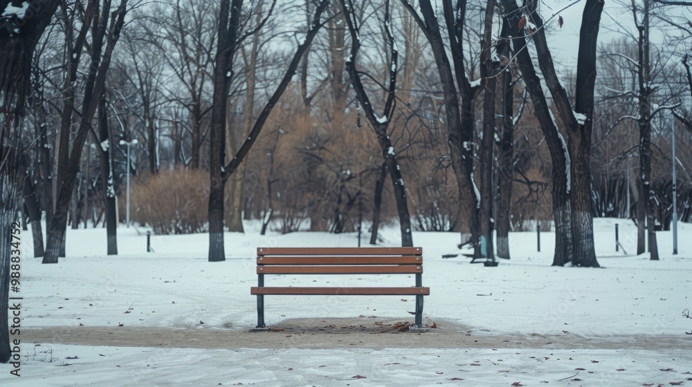 An empty wooden bench stands serenely in a quiet, snow-covered park with leafless trees, suggesting peace and solitude in the winter. An empty wooden bench stands serenely in a quiet, snow-covered park with leafless trees, suggesting peace and solitude in the winter.