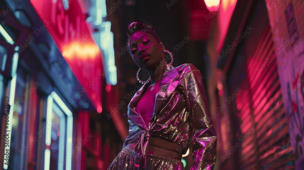 Fototapeta premium Woman in a shiny metallic outfit poses confidently under vibrant neon lights in an urban setting, capturing the essence of nightlife and city vibes.