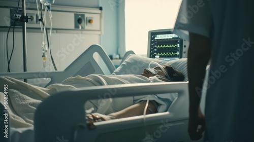 A patient lies in a hospital bed connected to medical monitors, with healthcare professionals nearby, indicating a serious medical situation in a clinical setting.