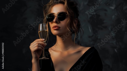 A woman in a sleek black dress and sunglasses holds a flute of champagne, exuding sophistication and elegance against a moody backdrop.